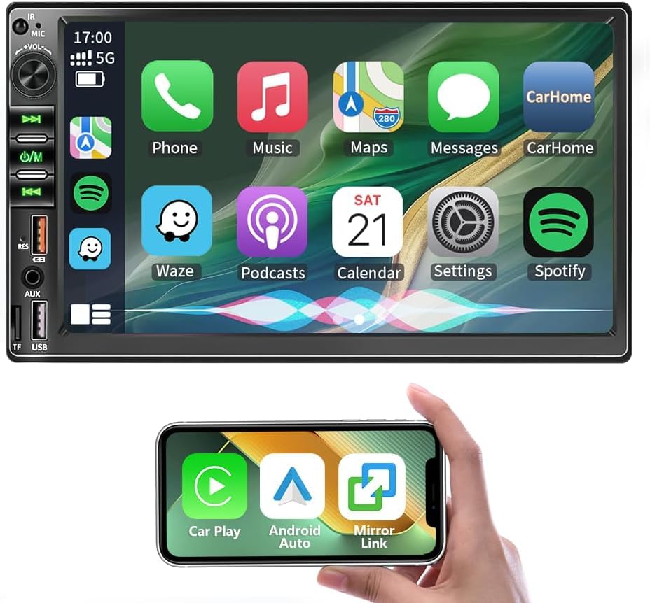 - 7 Inch Double Din Car Stereo for Wireless Carplay & Android Auto, Car Audio with 1024 * 600 HD Touch Screen ， Mirror Link, Bluetooth5.2,2USB/AUX/TF,AM/FM Radio