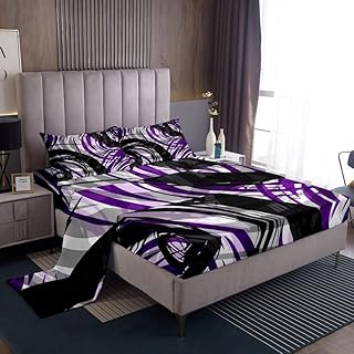 jejeloiu Modern Abstract Bed Sheet Full Size Purple Stripes Black Gray Bed Sheet Set for Boys Girls Adults Retro Spiral Geometric Sheets Set Geometry Room Decor Bedding Set 4Pcs