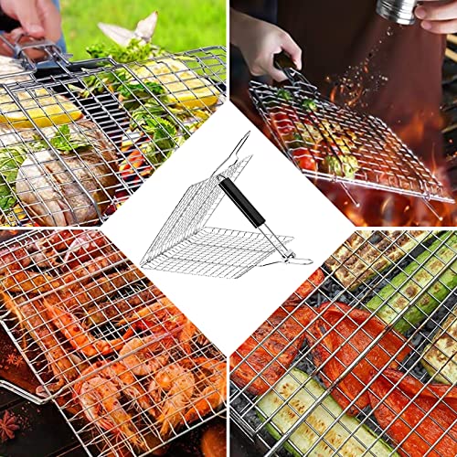 Grillkorb Fischbräter BBQ Grillkorb Grillgitter: Nizirioo Edelstahl Fisch Grillkorb Tragbar Faltbarer Grill Fischhalter mit Abnehmbarem Griff mit Backbürste, 4 Metallspießen und Aufbewahrungstasche