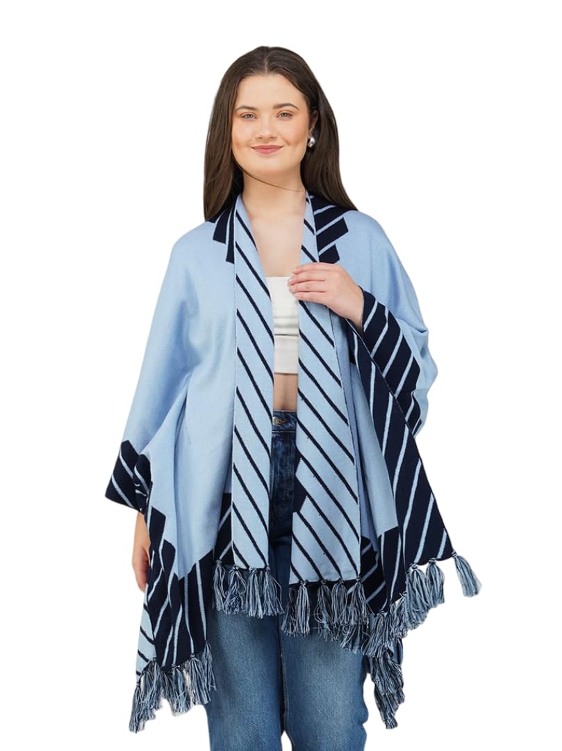 joe hazel Women Monochrome Striped Open Front Poncho - Sky Blue-picture-34