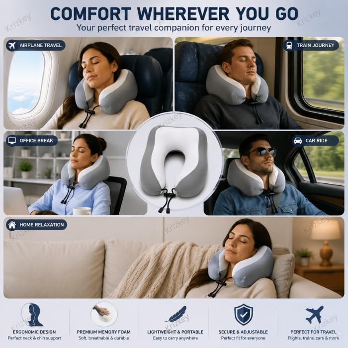 Image of Memory Foam Travel Neck Pillow with Portable Storage Case | Soft U-Shaped Neck Support Cushion for Airplane, Car, Train & Office | Lightweight Ergonomic Travel Pillow (Grey)