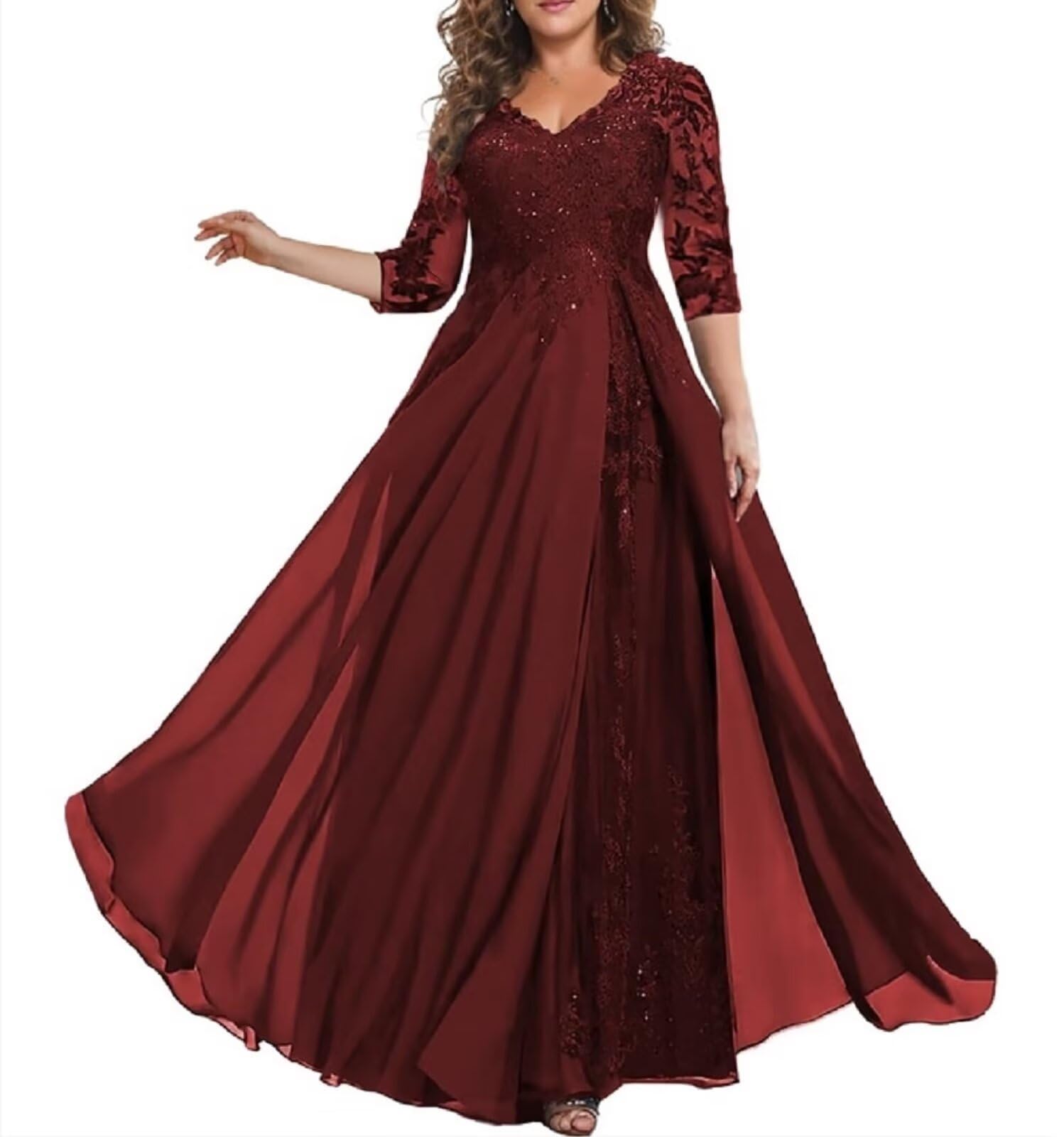 HUINI Mutter der Braut Kleid mit Ärmel Lang Chiffon Elegant Hochzeitsgast Kleid A-Linie