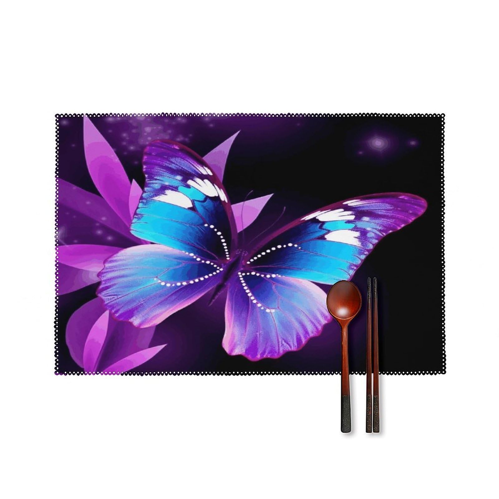 Blue Purple Butterfly Placemats Set of 6 Washable Heat Resistant Non-Slip Place Mats Easy Clean Table Protective Placemats Farmhouse Decorate Dining Table Mat for Kitchen 12X18In