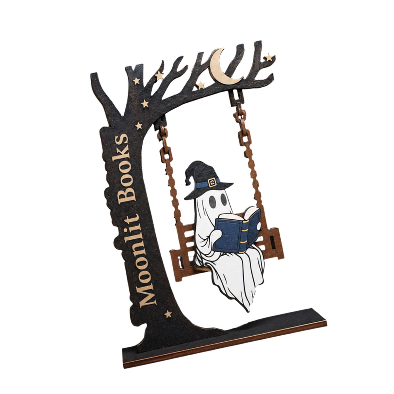 Fall Table Decor Reading Accent, Wooden Swing Ornament for Bookshelf Mantel Halloween Seasonal Home Display Indoors Wooden Halloween Decor Reading Figure Bookshelf Ornament Tabletop Accent Fall Mantel