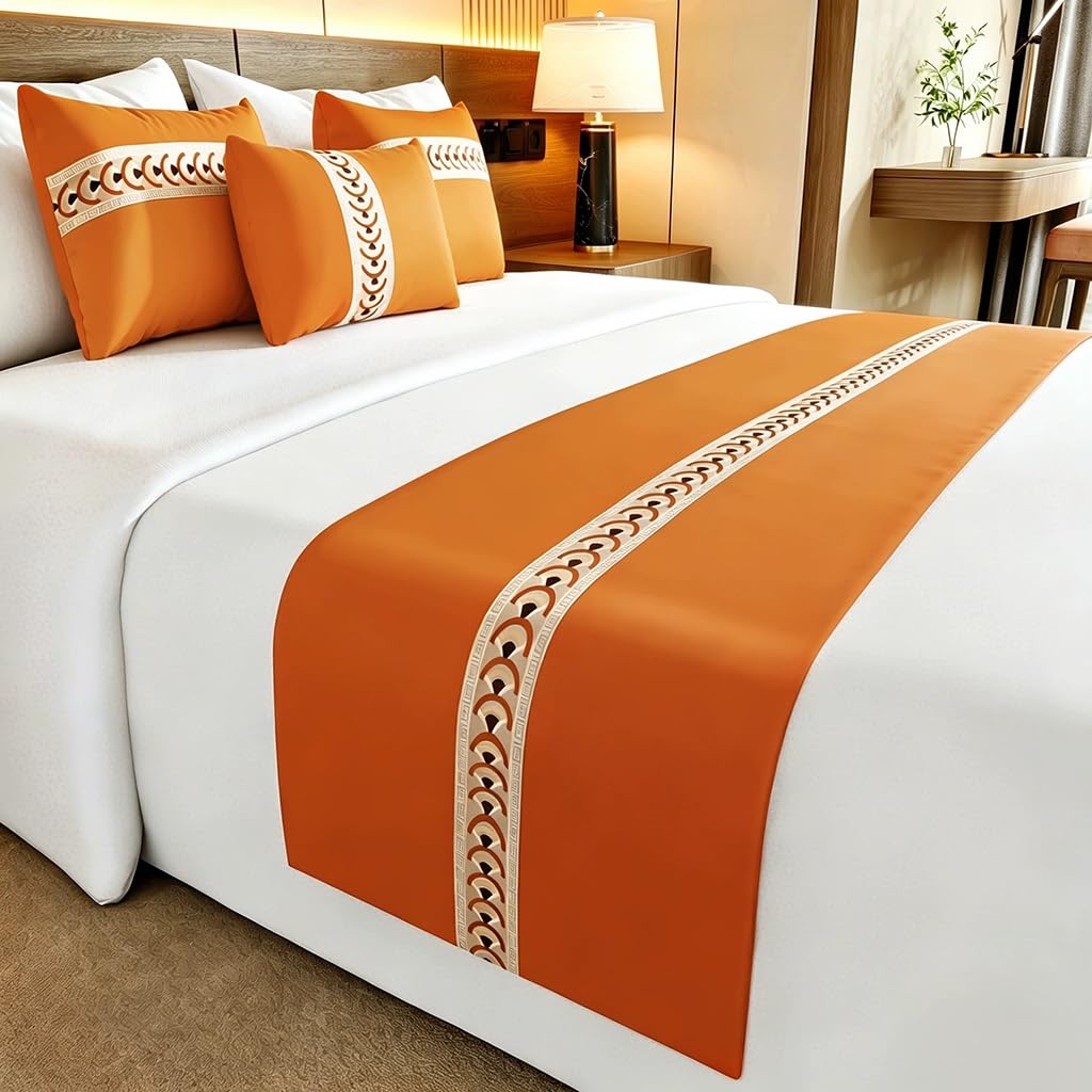 Miduohu Orange Satin Bed Runner For King Size Beds, Jacquard Scarf Bedding Scarves For Hotel, Home, Guesthouse(,50X180cm (For 1.2M Bed))