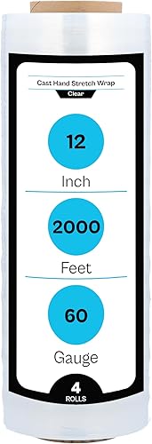 MMBM - Envoltura elástica (30,5 x 2000 pies), calibre 60, 4 rollos, plástico transparente, rollos de película estirable a mano, para embalar paletas
