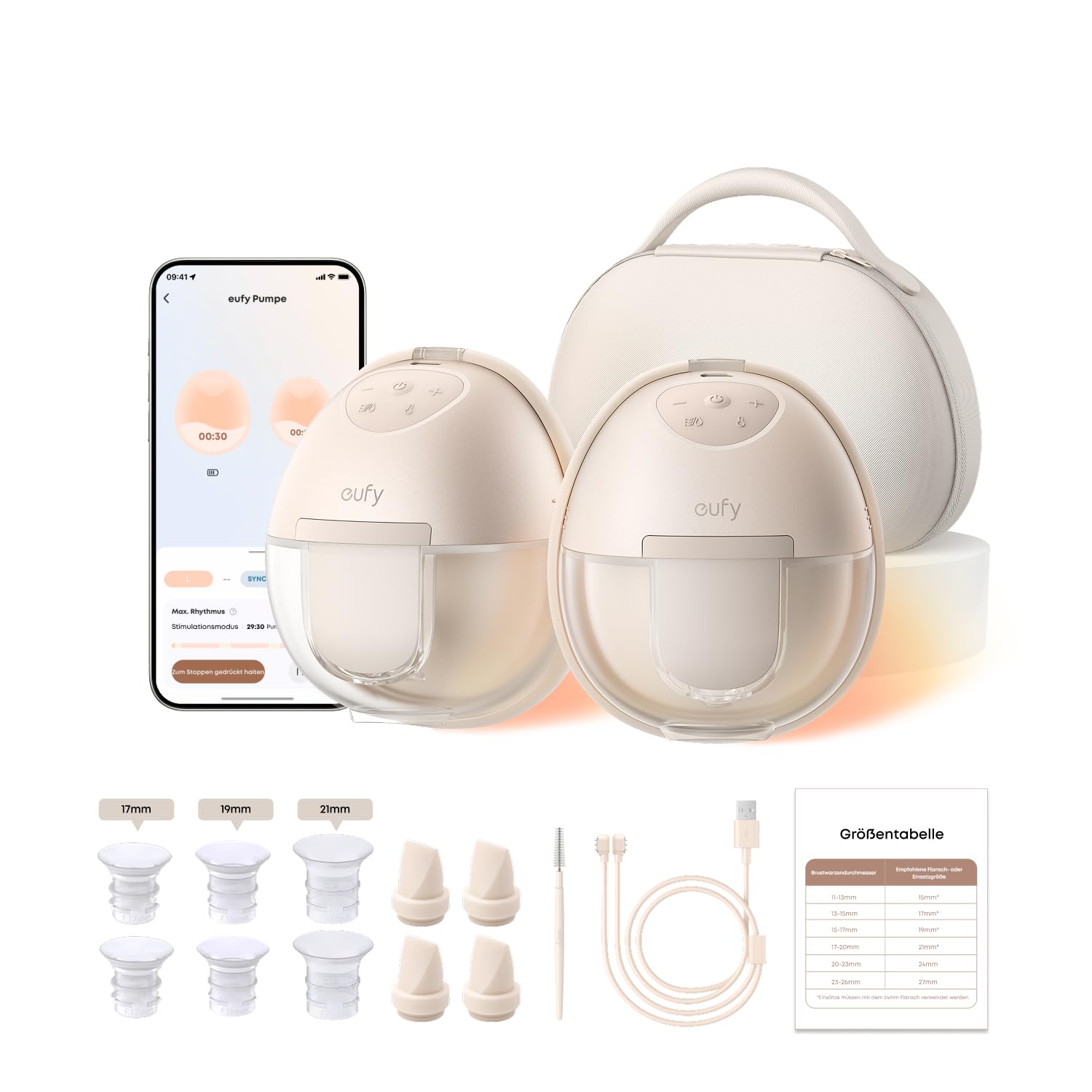 eufy Tragbare Milchpumpe mit Wärmefunktion S1 Pro, Schlank & Freihändig mit branchenführender HeatFlow-Technologie, Kabelloses Ladecase, App-gesteuertes OptiRhythm, Klinische Saugkraft, Für den BH