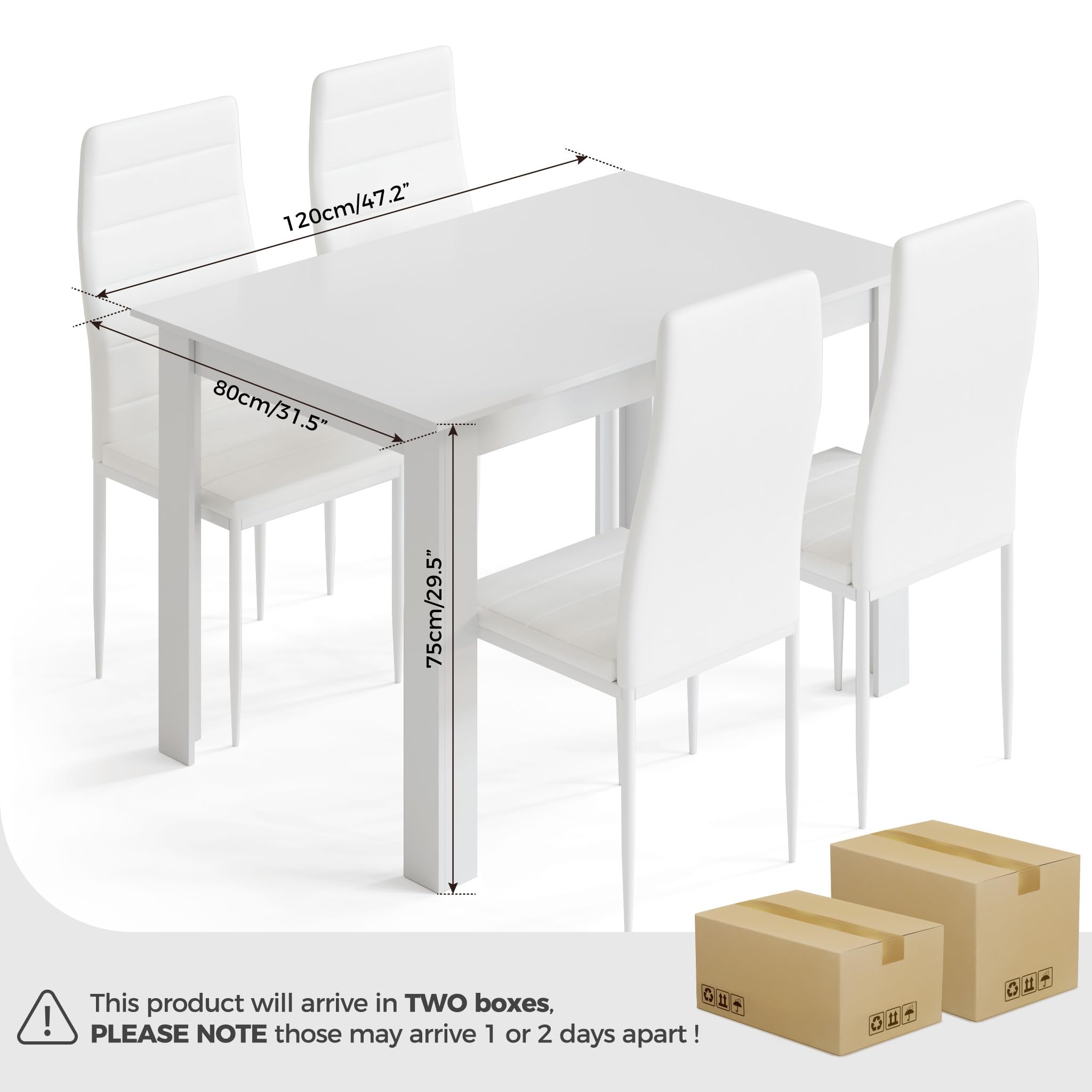 Mondeer Esstisch mit 4 Stühlen Set, Essgruppe mit Hochlehner Kunstleder Stuhl für Küche Esszimmer Wohnzimmer, W120 x D80 x H75 cm, Weiß