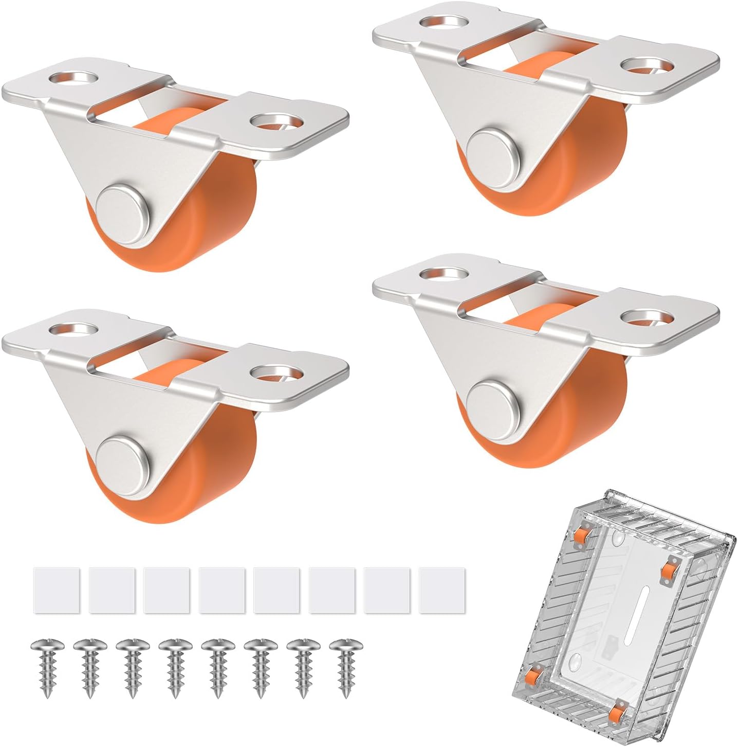 0.5 Inch Mini Low Profile Caster Wheels - Self Adhesive Silent Rubber Rolling Wheels with Steel Plate for Small Kitchen Appliances, Drawer, Storage Box, Tiny DIY Projects (Orange-4 Pcs)