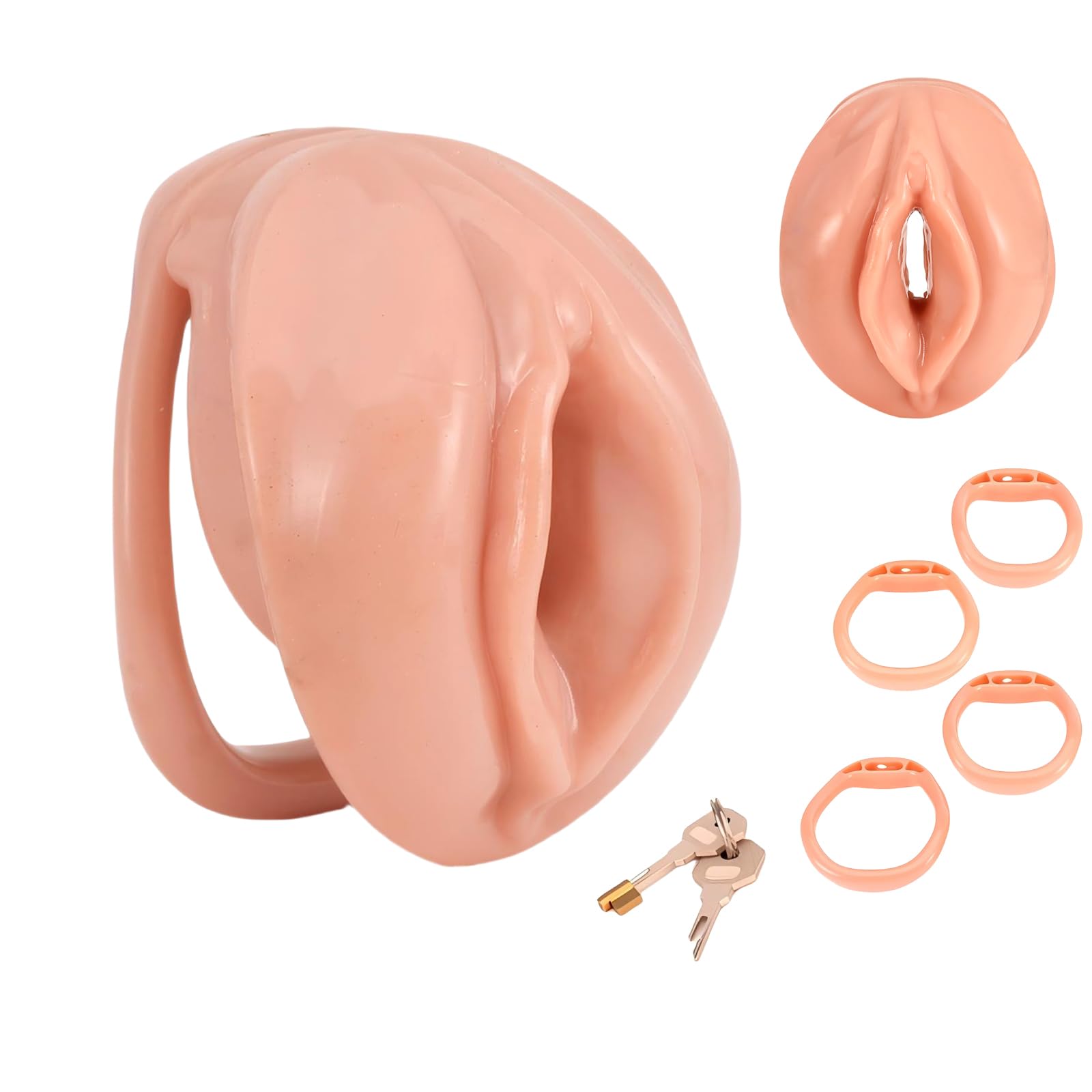 Jouet Adulte Cage de Chasteté pour Pénis avec Mini-Serrure et 4 Anneaux Différents Sex Toys Homme Sissy Chastity Cage Man Légère en Résine et Silicone avec Ceinture pour Attacher le Pénis (Complexion)