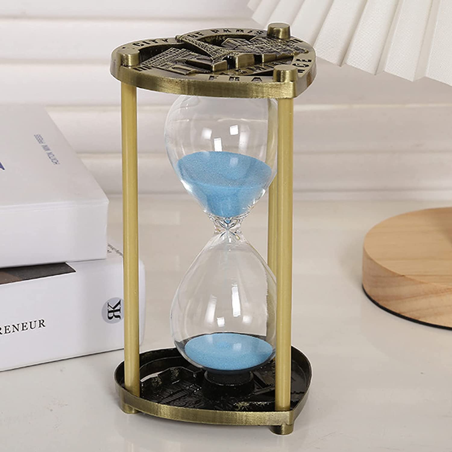 Reloj de arena para niños, temporizador decorativo de arena de 5/10 minutos, ideal para cepillarse los dientes, bañarse, cocinar, limpiar, 14,6 x 8 cm, diseño de marco de metal