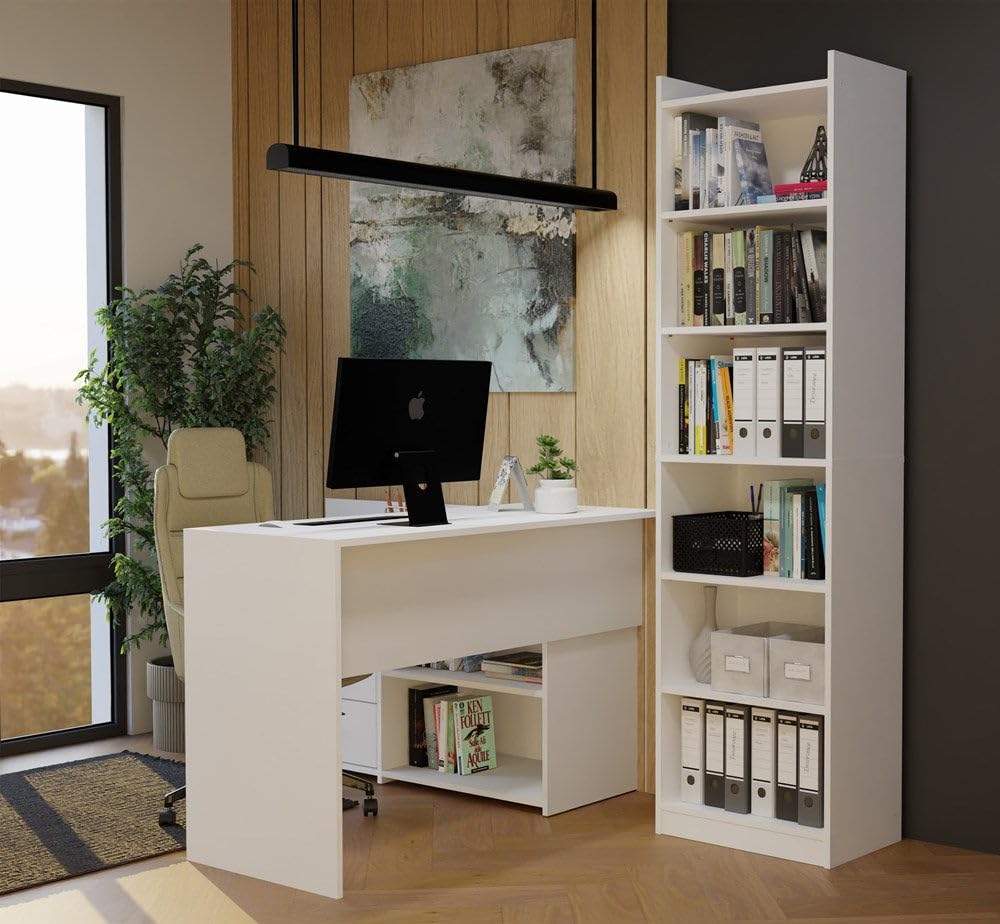 CDF Libreria Scaffale Colonna Ufficio Ripiano Libro Raccoglitore Bianco | 6 ripiani, pannello truciolare 16 mm, finitura opaco, 50x32x183 cm, montaggio fai da te, peso 28,5 kg, moderno, stretto, alto