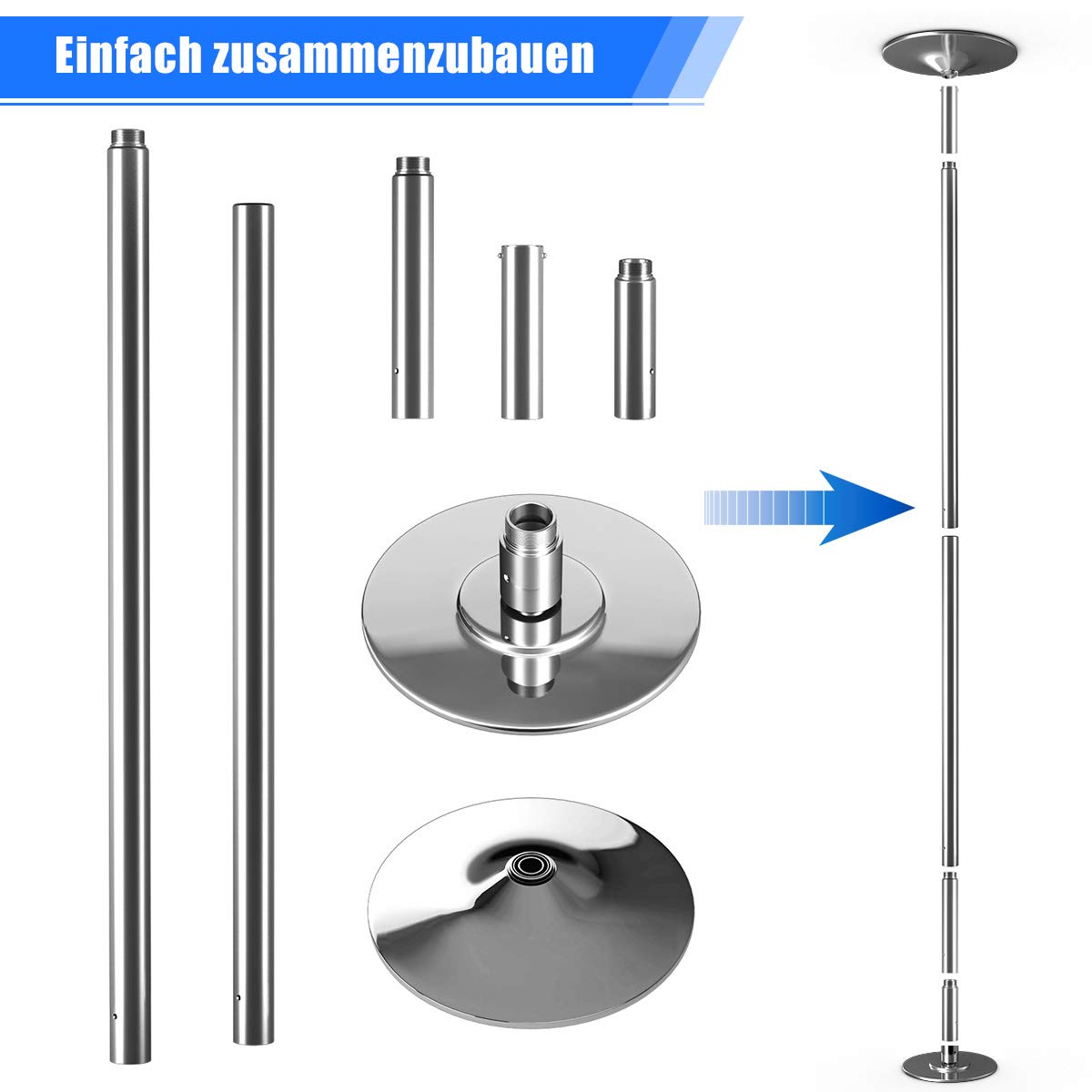 GYMAX Barra de baile profesional 200 kg 45 mm acero inoxidable giratoria estática altura regulable