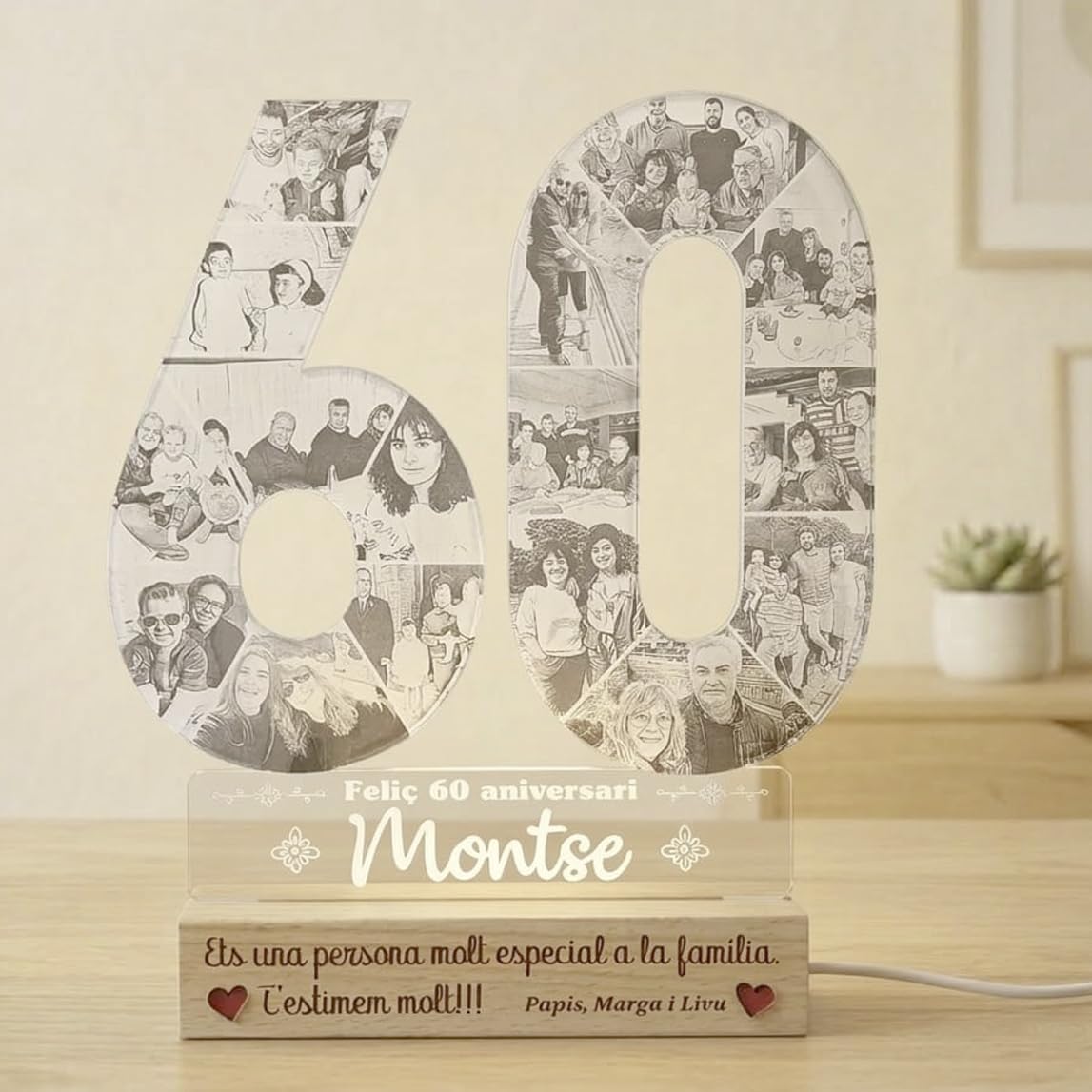 Genérico 7laser - Lámpara LED personalizada con 16 fotos y texto personalizado - con Base de Madera Natural - Regalo original para 60 aniversarios, cumpleaños, bodas de diamante - con conexión USB.
