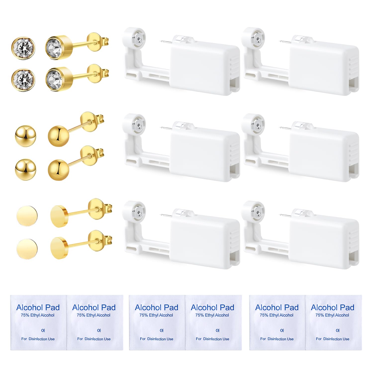 Voarge 6 Stück Ohrlochstechpistole, Einweg-Steril-Sicherheits-Ohrnasen-Piercing-Pistolen-Kit Schmerzfreies Selbst-Piercing-Werkzeug mit Ohrstecker-Asepsis-Pierce-Kit, Gold, 3