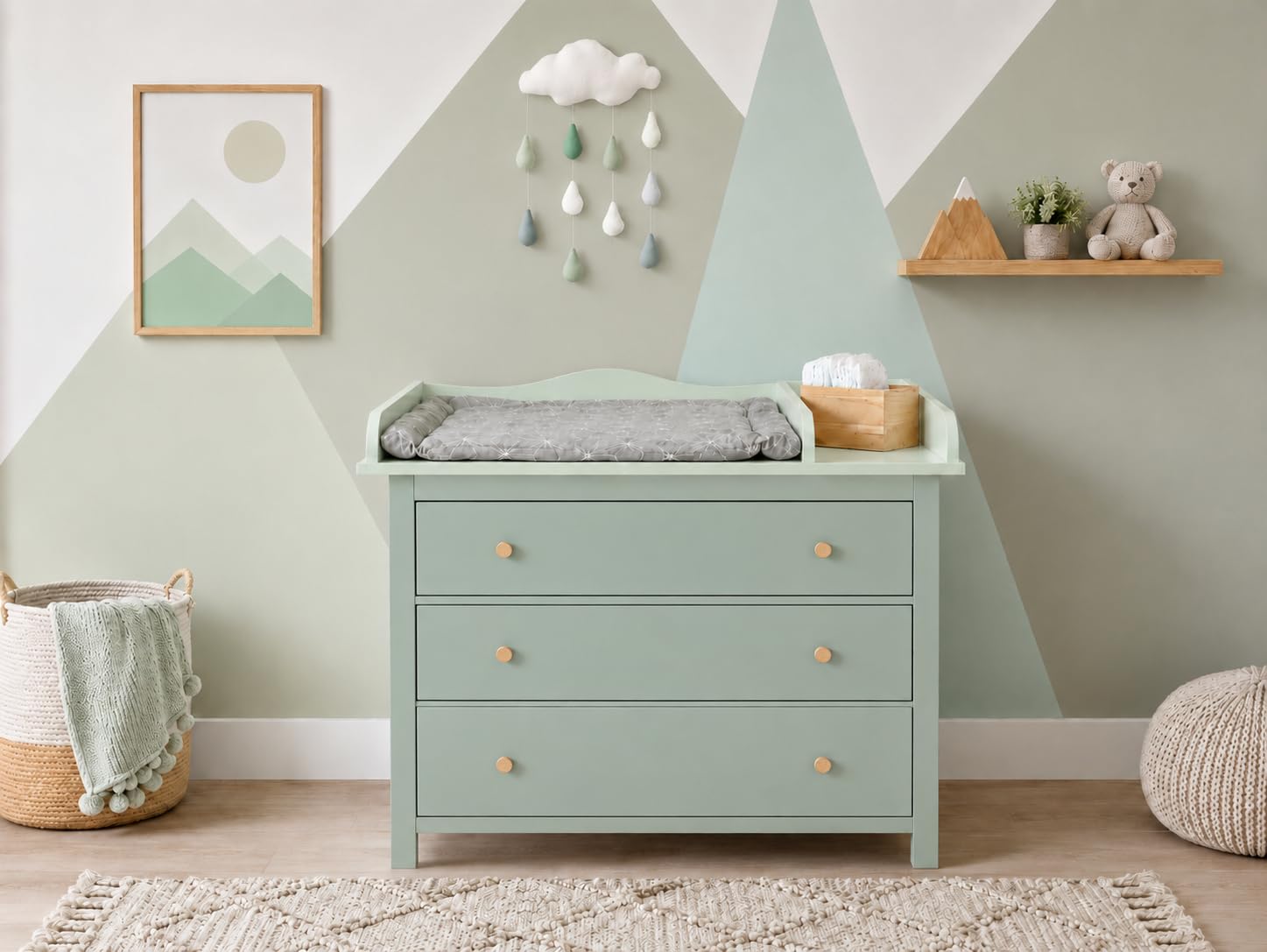 KraftKids XXL Wickelaufsatz passend für HEMNES inkl. Trennfach – 18 mm Holz – Wickelfläche 78x78 cm – Pastellgrün
