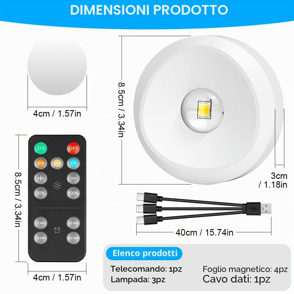 Illuminazione a LED senza fili, 3 Pezzi Luce LED Vetrina Ricaricabile USB, 1500mAh Luci a Batteria per Armadio con Touch e Telecomando, Funzione Temporizzazione, per Guardaroba Libreria, Bianco