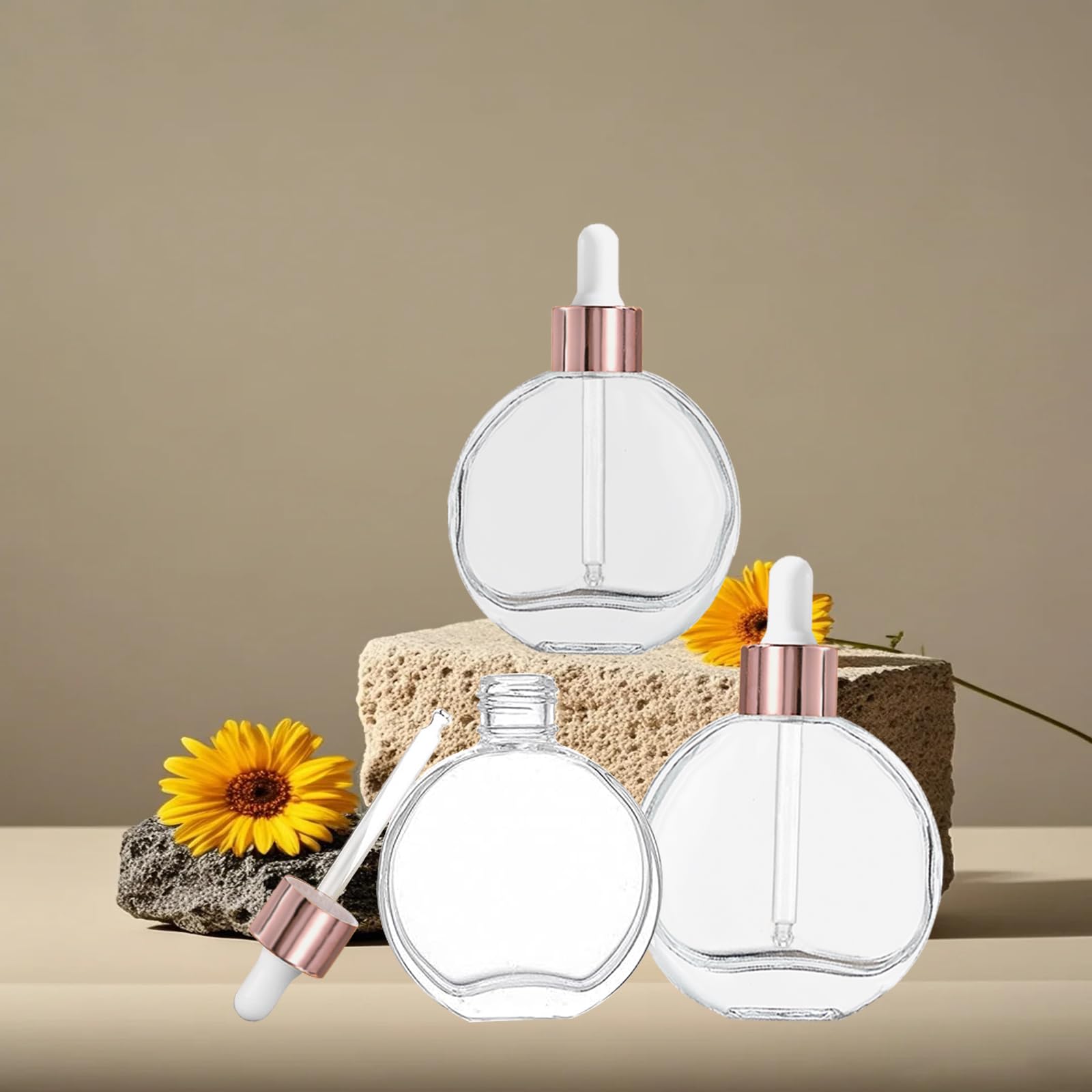 Botellas con cuentagotas transparentes de 2 onzas, 6 botellas de vidrio redondas transparentes con cuentagotas para ojos, para sueros de perfume, aceites para el cabello y otros líquidos (tapas