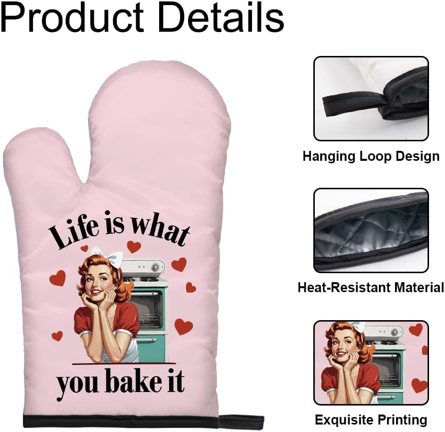 DYJYBMY Life is What You Bake It Funny Oven Mitts and Pot Holder Set for Baking Cooking, Bake Lover Gifts, Vintage Lady Kitchen Gadgets for Women, Hostess Baking Gifts for Mom Sister BFF Chef Friend - Image 3
