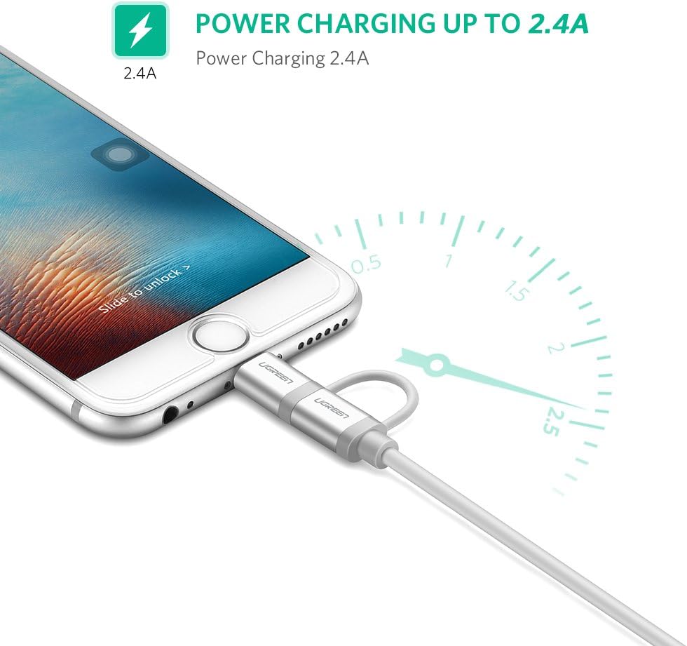 UGREEN Lightning and Micro USB Cable, 2 in 1 USB Charging Cable for iOS and Android, Compatible with iPhone and Samsung Smartphones, MFI Certified (3FT, Silver)