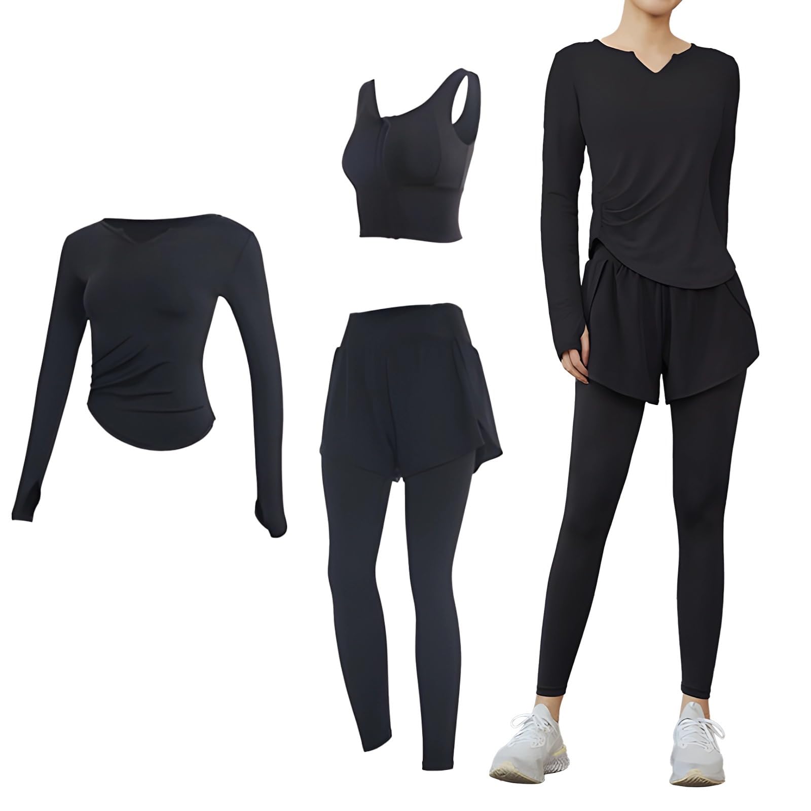 Conjunto de entrenamiento de 3 piezas para mujer, trajes de yoga con camiseta de manga larga y brasier deportivo, tela transpirable antibolitas, talla XXL para 135-150 libras, ropa deportiva versátil