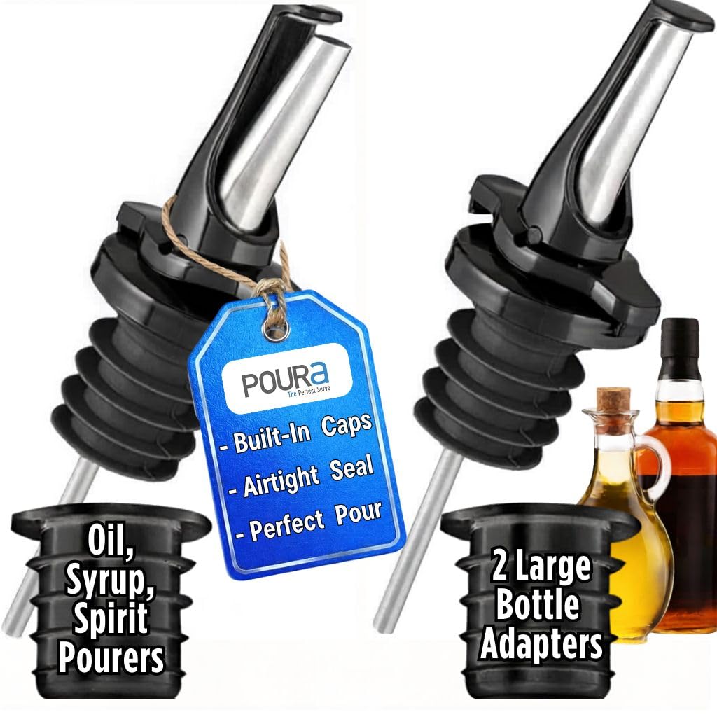 Poura 2Pk Black + Adapters Spirit Pourers - Hygienic Clickseal Alcohol Speed Pourer Spouts - Stops Barfly, Dishwasher Safe. Also For Olive Oil, Juice, Syrup. Black 2 Pk With Adapters For Large Bottles