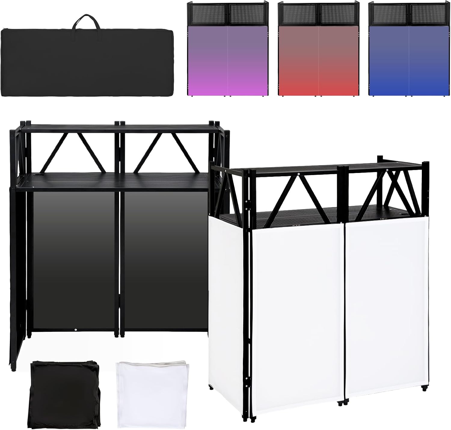 Portable DJ Booth Table,Foldable DJ Table Stand with White & Black Scrim,Adjustable DJ Facade Booth Station Metal Frame with Cable Hole for Private Events, Clubs, Bars (Double Deck)