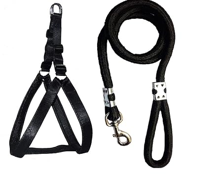 Skora Nylon Padded Adjustable Dog Harness and Leash Rope (1.25 Inch, Black)