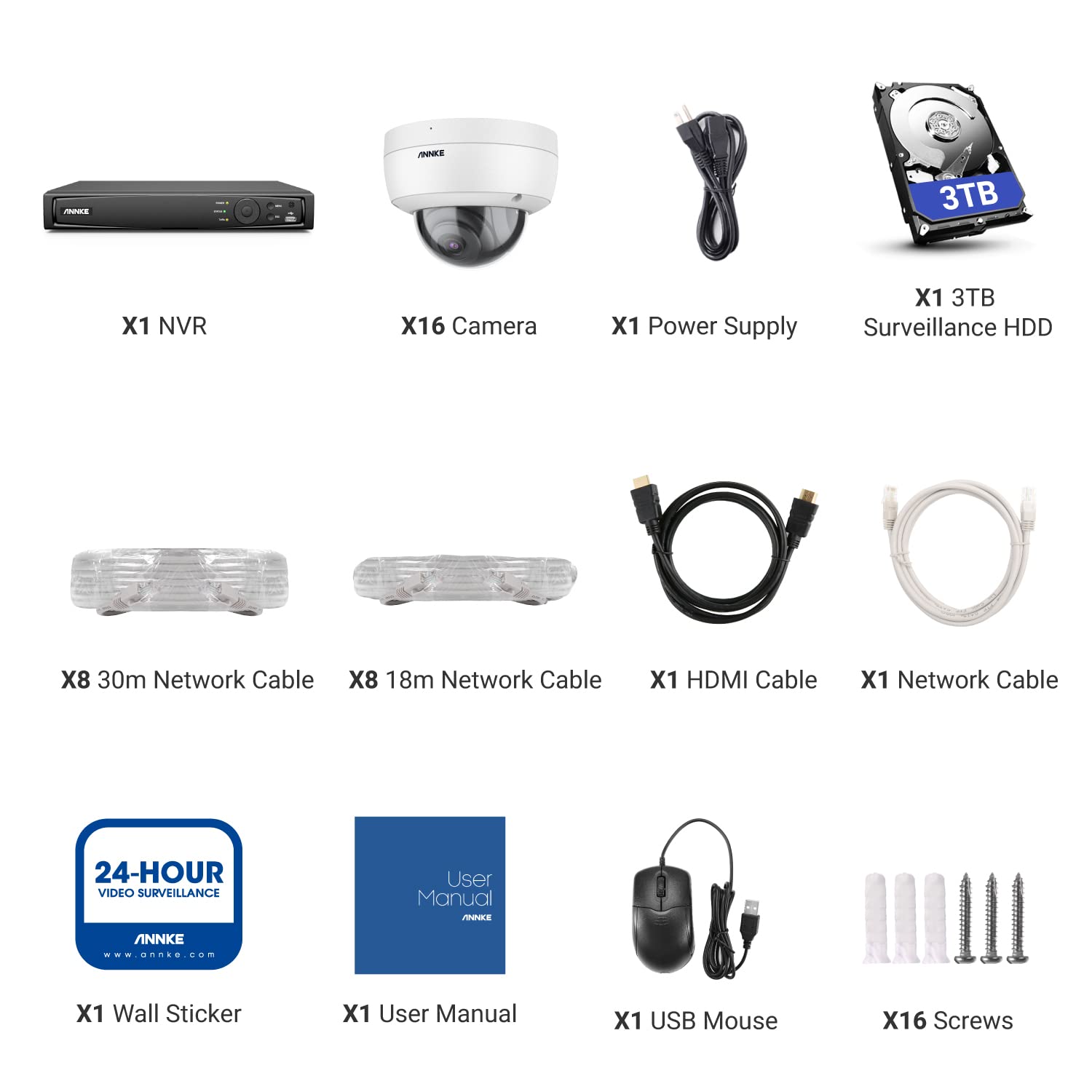 ANNKE 4K PoE Security Camera System, 16CH Home Surveillance Camera System, 8MP NVR Recorder, 16pcs Dome IP Cameras with Audio, Person Vehicle Detection, Night Vision, 3TB Hard Drive