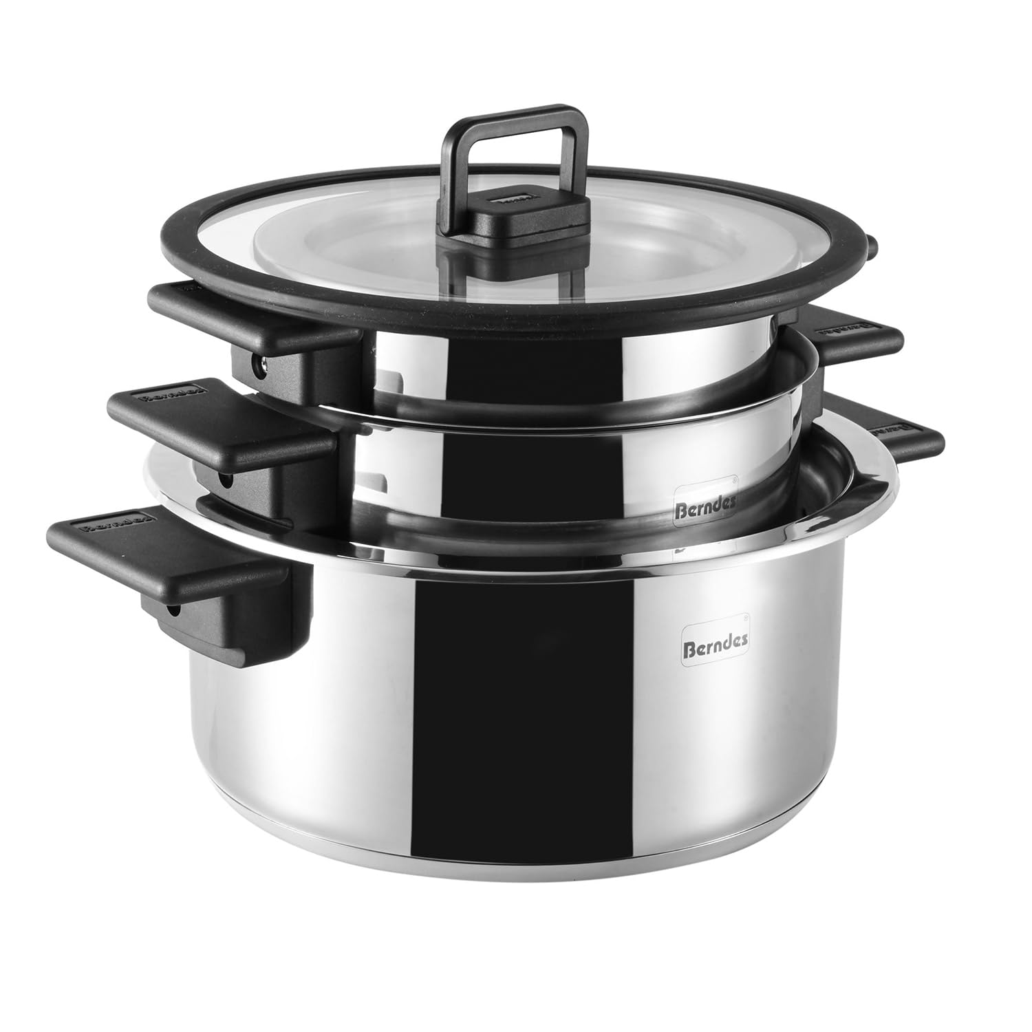 Berndes stapelbares Edelstahl-Topfset 8-teilig Raumwunder l geringer Stauraum l 3x Kochtopf mit Deckel, 1x Dünsteinsatz, 1x Wasserbad oder Rührschüssel l platzsparend l Induktion