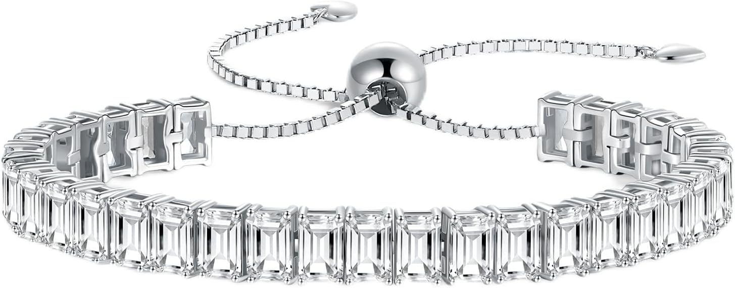 White Gold Plated Sterling Silver Birthstone Bracelets for Women, Adjustable 6-9 Inches Hypoallergenic Tennis Bracelets,Gifts for Anniversary/Birthday/Valentine's Day
