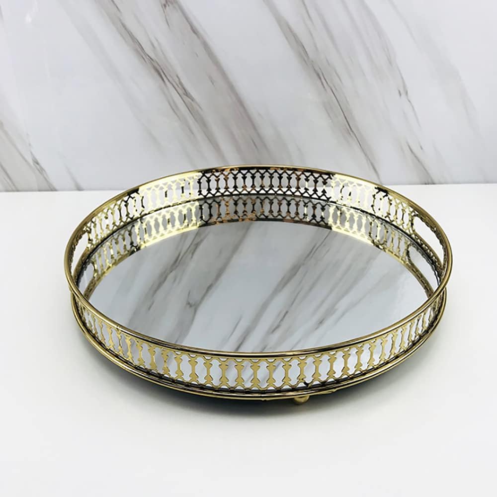 Perfume Gold Mirror Vanity Tray, Glass Decorative Dresser Tray, Large Size, Round (US Stock)