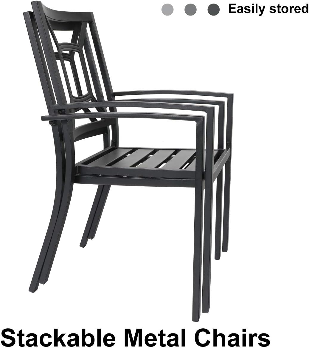 PHI VILLA Patio Dining Stackable Chairs, Outdoor Wrought Iron Furniture Set Bistro Chairs with Armrest,Black (Square Pattern, 4 Set)