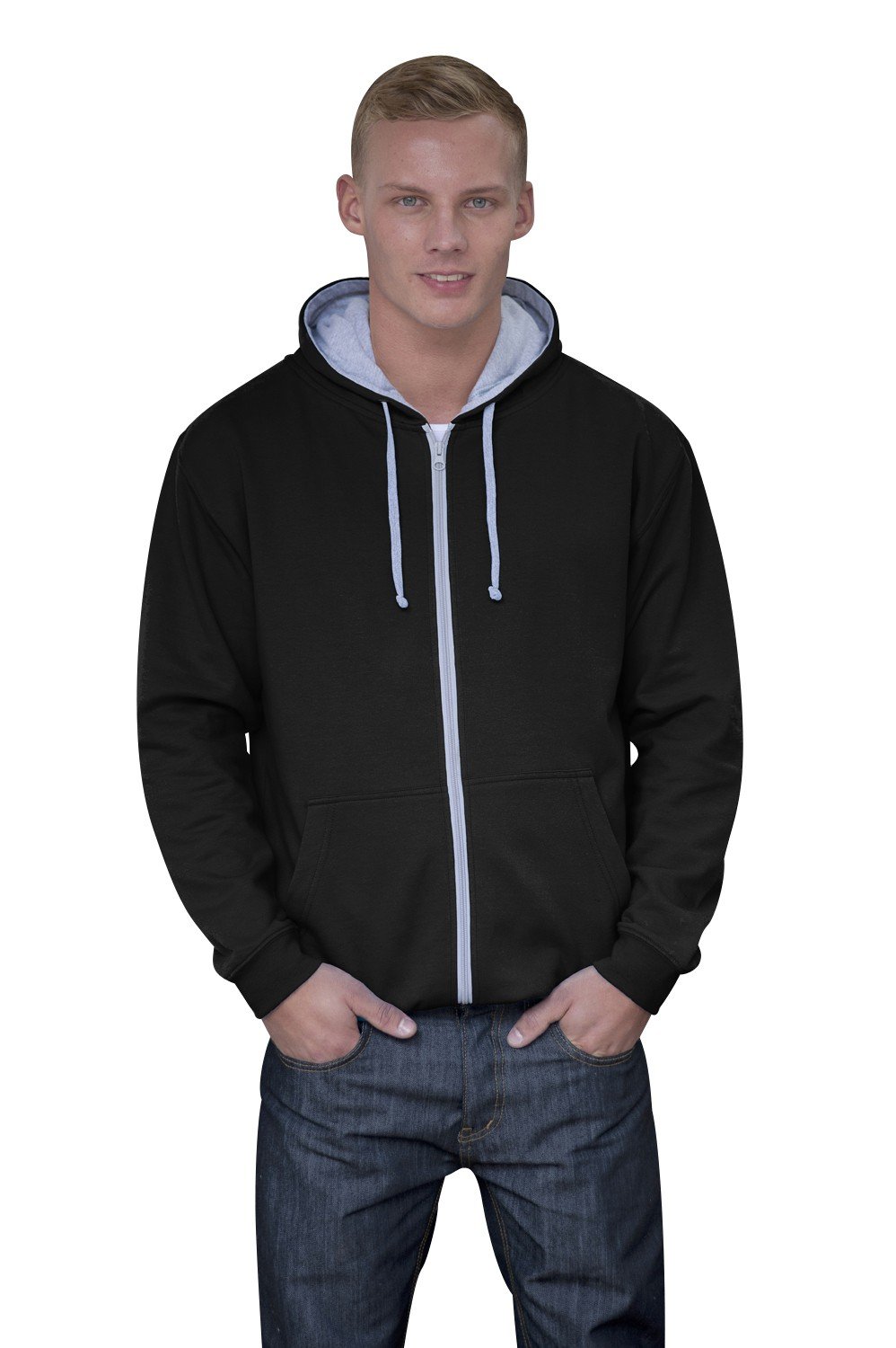 JH053 Varsity Zoodie Hooded Sweater Men's Sweatshirt Jacket Black Jet Black-Heather Grey Size:M