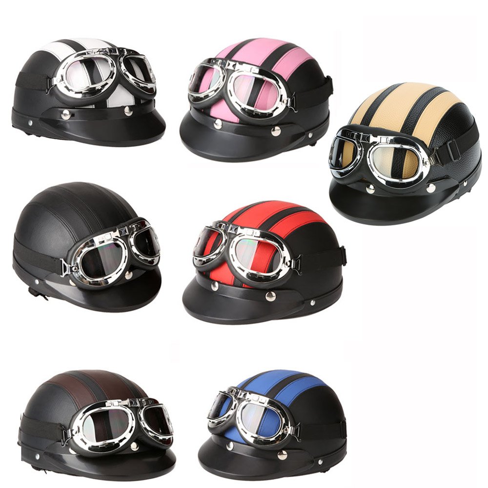 HUIOP Casques de Trottinette,Moto Scooter Open Face Demi Casque de Cuir avec visière UV Lunettes Retro Vintage Style 54-60cm