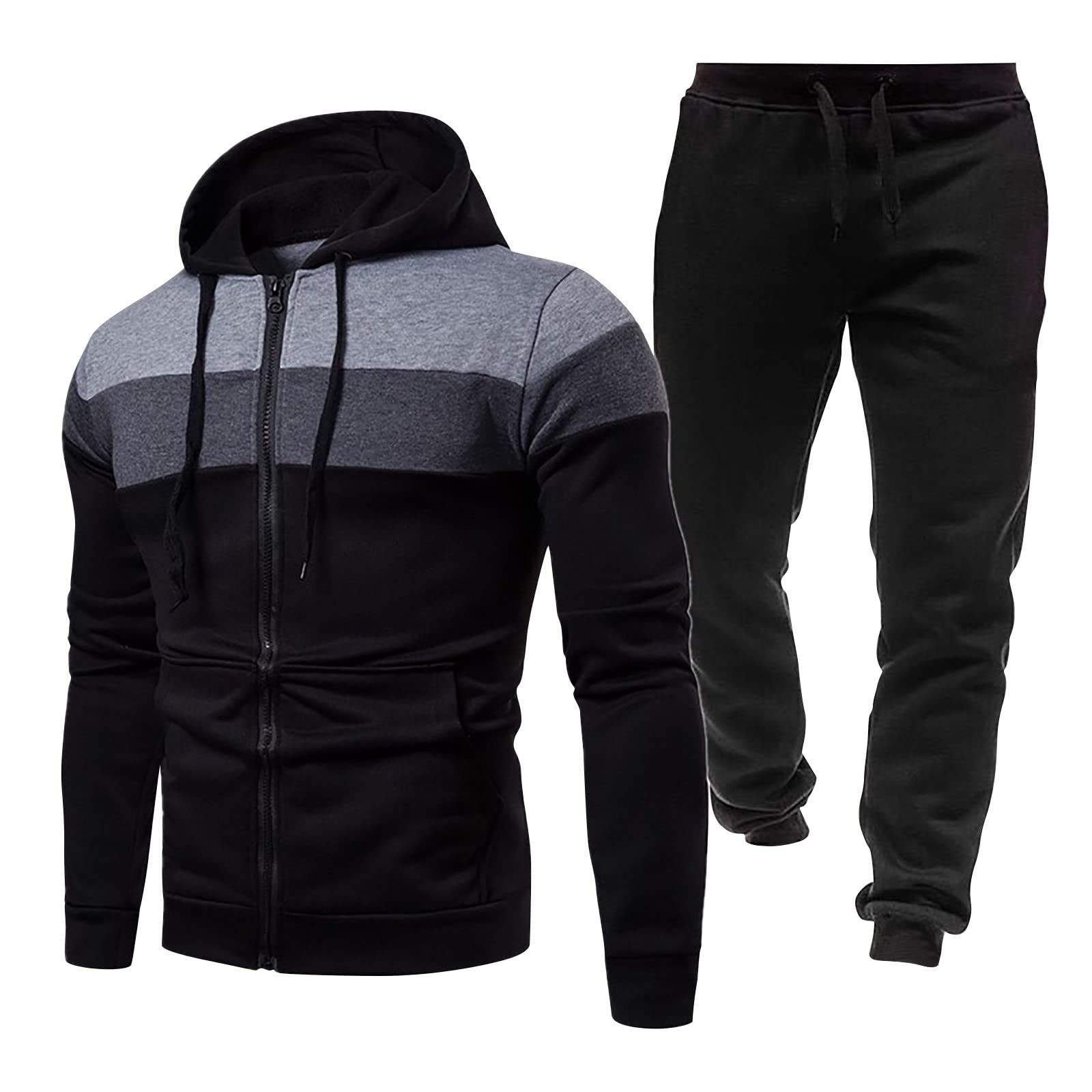 Męski dres treningowy, 2-częściowy, zapinana na zamek bluza z kapturem i joggery, ciemnoszara i czarna, odzież sportowa dla mężczyzn, miękka bawełniana dres treningowy z kieszeniami, wygodna odzież