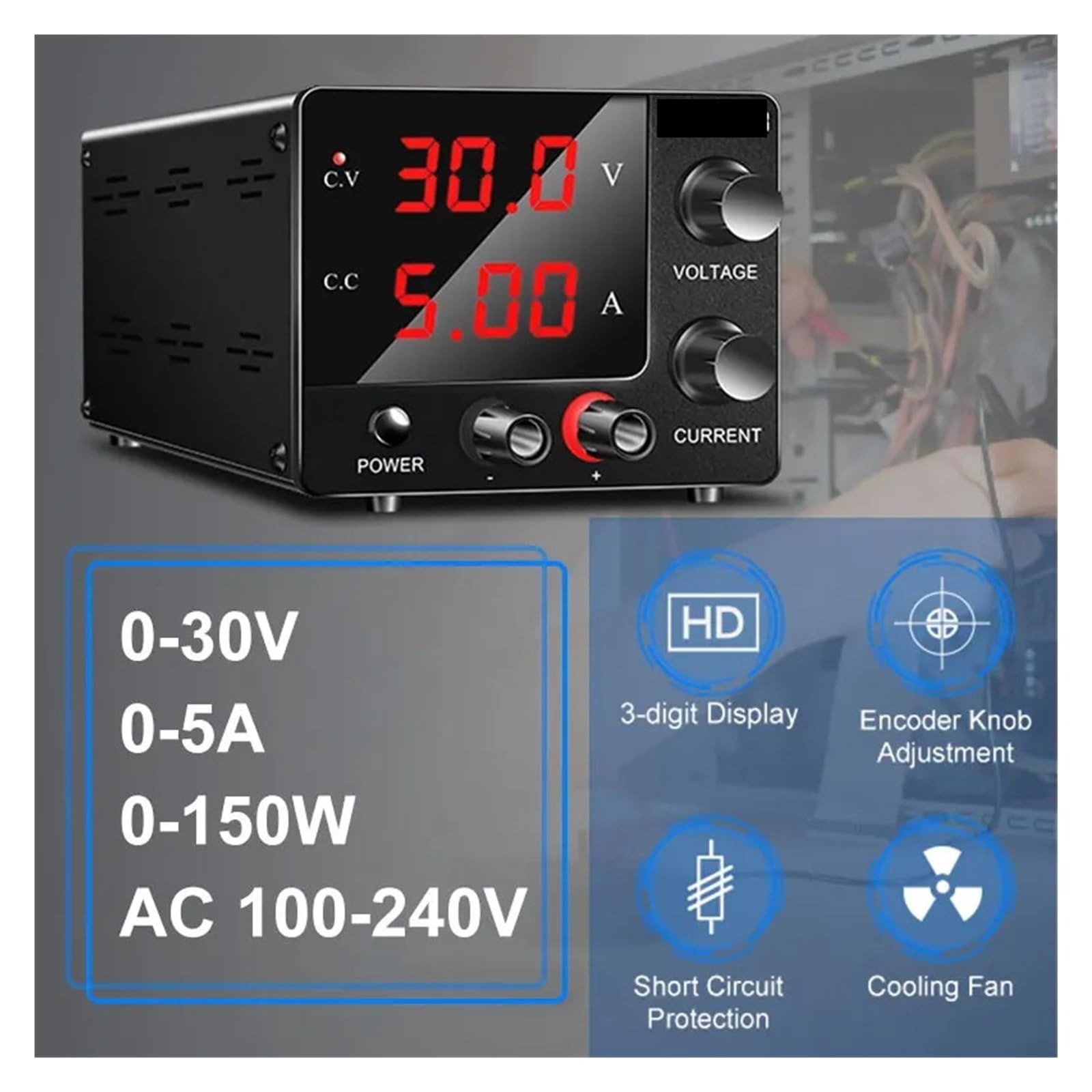 Fuente de alimentación de Laboratorio DC Variable 0-30V 0-5A Ajustable, Fuente de alimentación conmutada regulada, regulador de Voltaje para Banco de Trabajo de Mantenimiento (15V 10A)