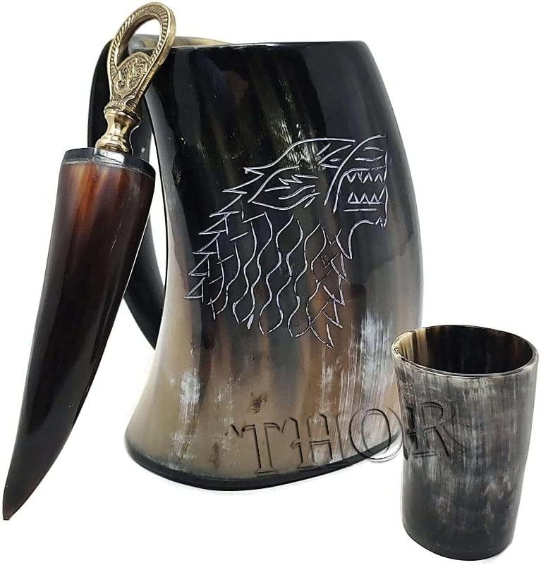 Miniatura 1 de Taza de cuerno de buey vikingo, vaso de chupito, y abridor de botellas, auténtica, Mead y cerveza, diseño intrincado personalizado, loboesgrimador,