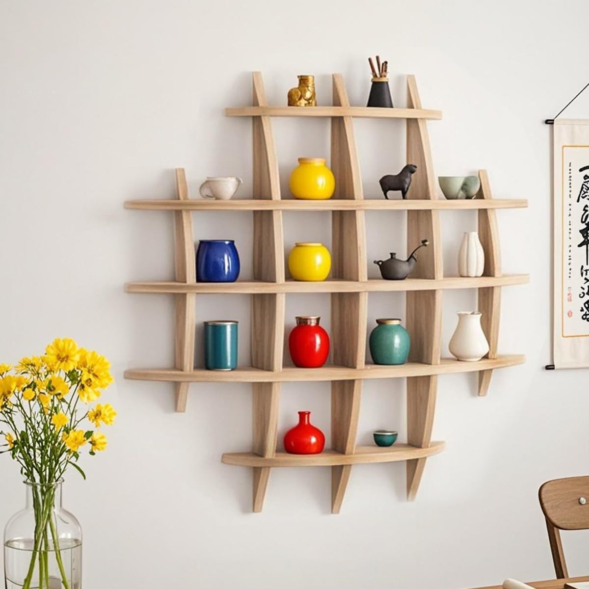 Wall Mug Holder,Wooden Mug Display Shelf,Wall Mounted Coffee Cup Holder,Elegant Walls Mounted Teapot Display,Walls Decorative Tea Set Rack Storage for Kitchen Living Room Office(27.6×27.6”)