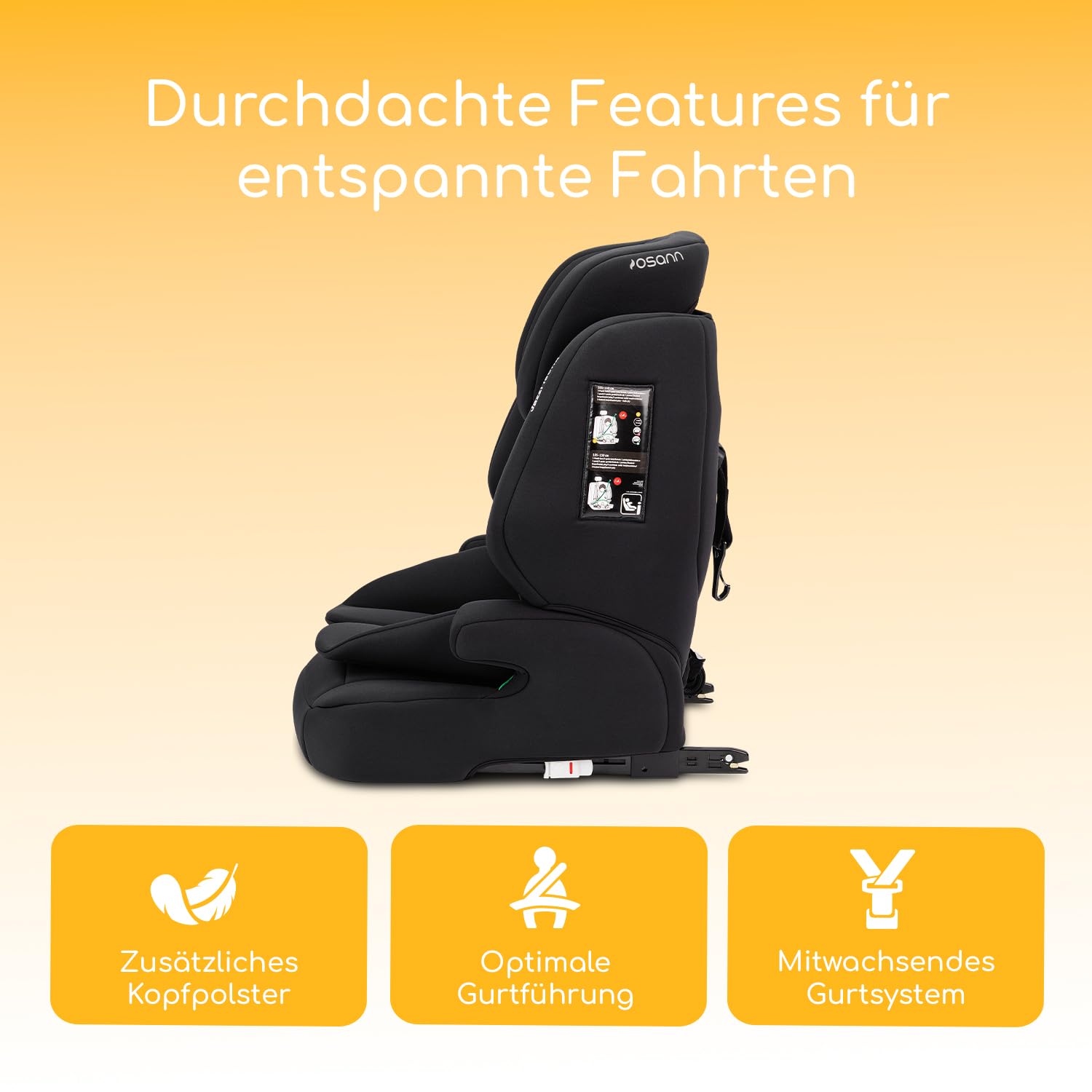 Osann Jazzi Isofix Kindersitz ab 1 Jahr (76–150 cm), Kindersitz mit Isofix | mitwachsender Kinderautositz, Kindersitz 9-36 kg mit Isofix & Top-Tether, Schutz & Geborgenheit auf jeder Fahrt – Black