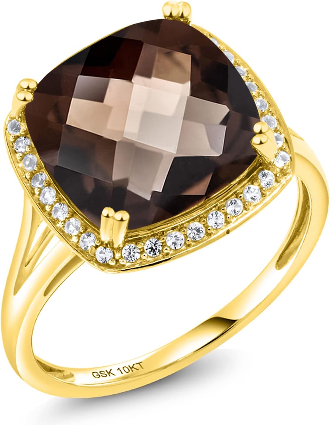 Gem Stone King 5-8 Cttw 10K Yellow Gold Gemstone Birthstone and White Created Sapphire Ring For Women | Cushion 12MM | Wedding Anniversary Promise Ring For Women | Available In Size 5, 6, 7, 8, 9