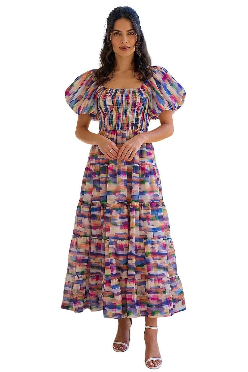 Dusk Women's Abstract Puff Sleeve Tiered Dress in Pink | Size: 12