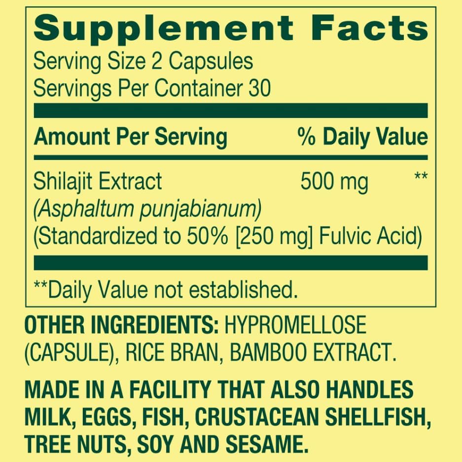 Spring Valley Shilajit Dietary Supplement, 50% Fulvic Acid, 500 mg Vegetarian Capsules for General Wellness, 60 Count - Image 2