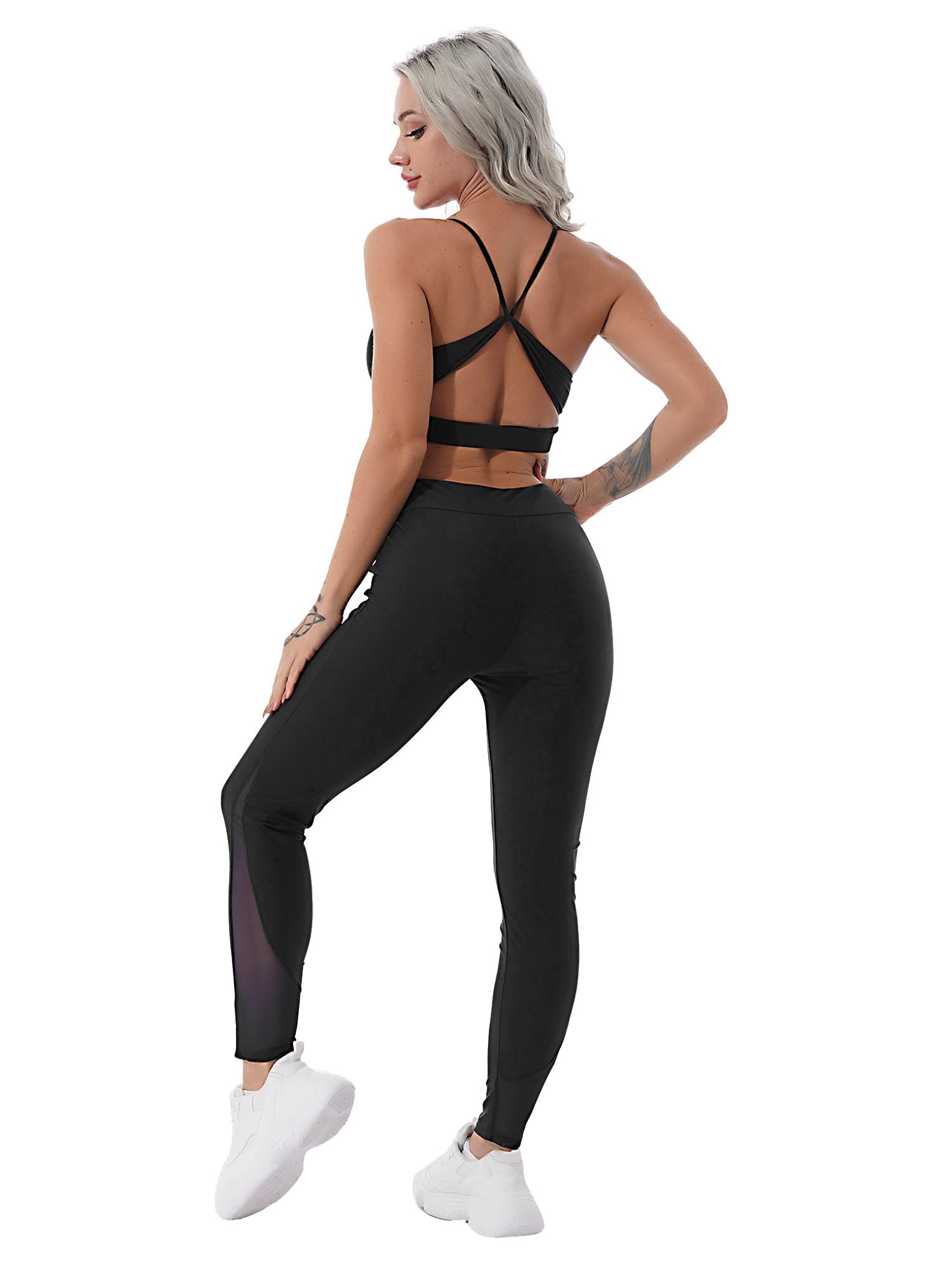 Hansber Womens 2 Piece Yoga Workout Outfits Mesh Splice Seamless Leggings with Cami Crop Top Gym Clothes Sets
