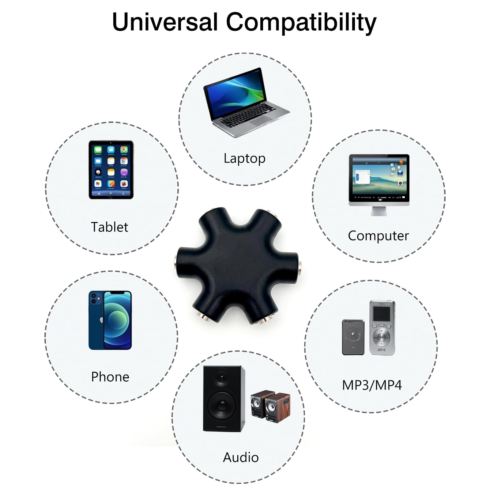 Divisor de audio para auriculares de 6 vías, cable adaptador estéreo macho de 3,5 mm a hembra de 5 puertos para iPhone, auriculares y auriculares
