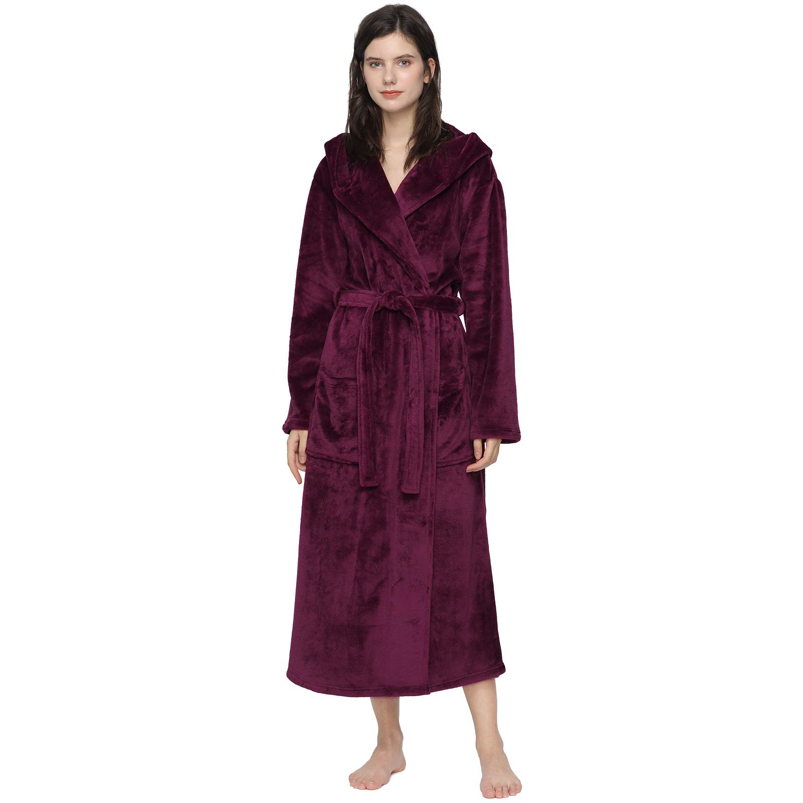 MnemoWomens Dressing Gown Hooded Soft Flannel Fleece Robe Knee Length