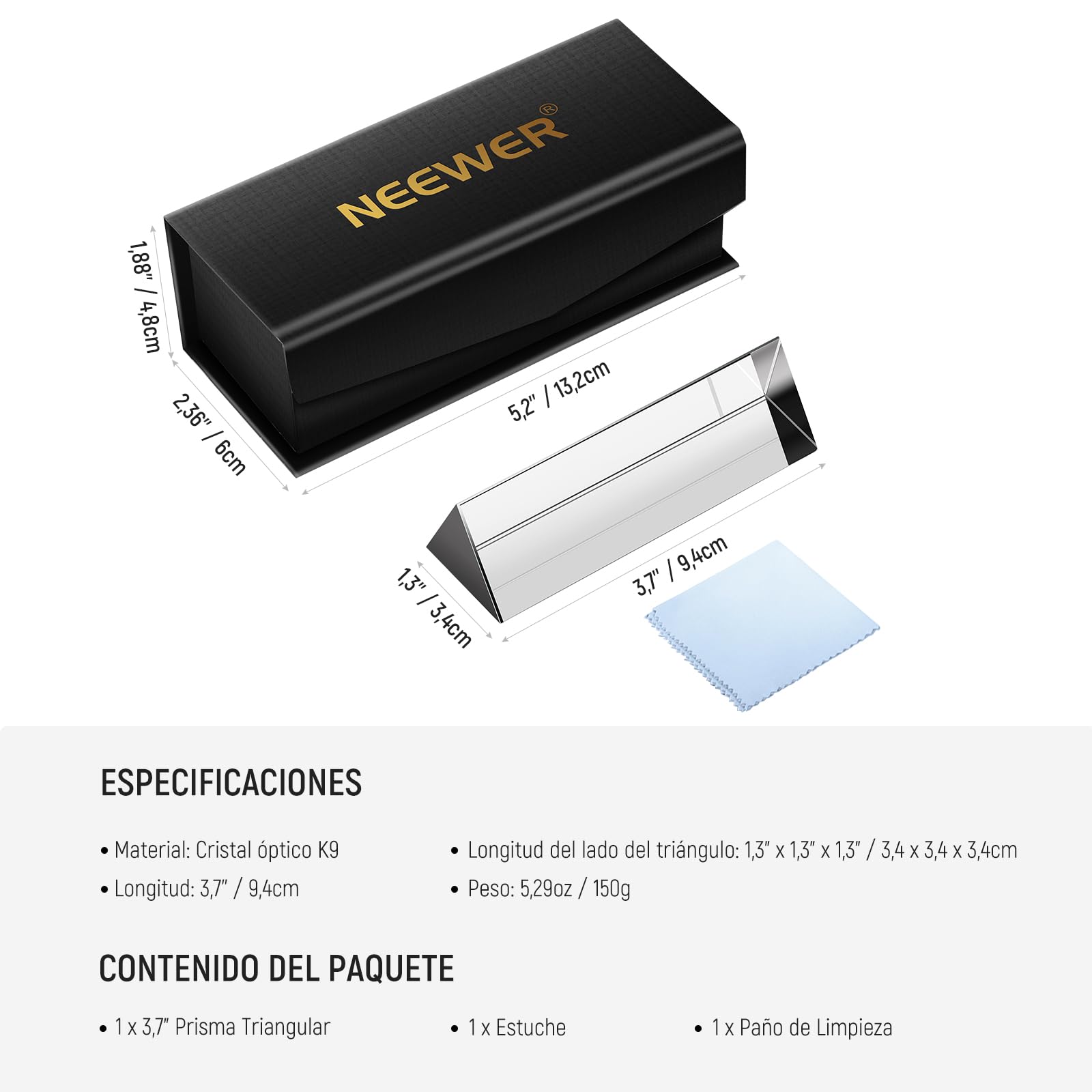 NEEWER Prisma Triangular de 4 Pulgadas/10cm, Cristal Óptico K9 para Fotografía de Prisma, Prisma de Fotografía de Efectos de Arco Iris, Enseñanza de Física de Espectro de Luz