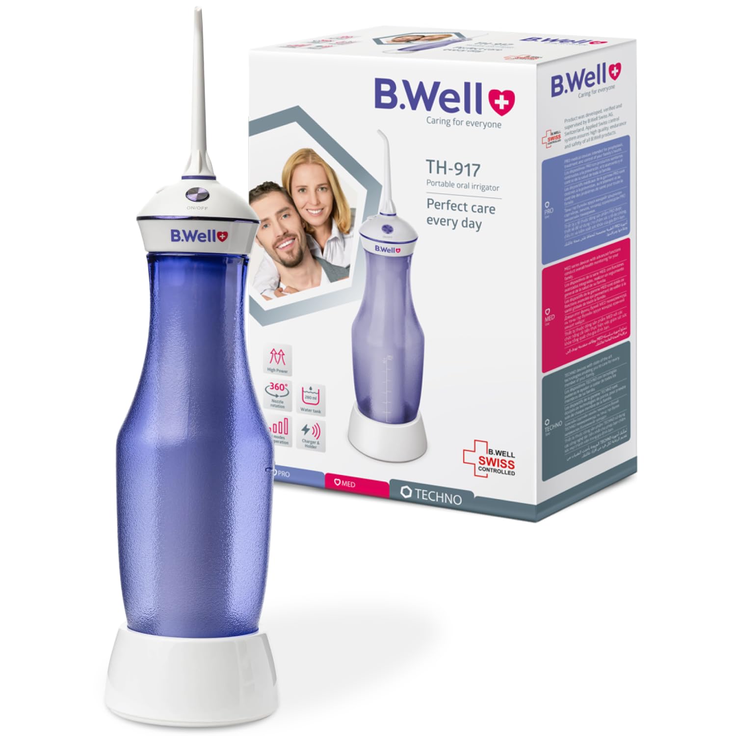 B.Well Swiss Tragbare kabellose Munddusche TH-917, 4 Reinigungsmodi inkl. individuellem Modus, 280-ml-Wassertank, Düsen mit 360°-Rotation, Induktionsladung (TH-917 inkl. 2 Düsen)