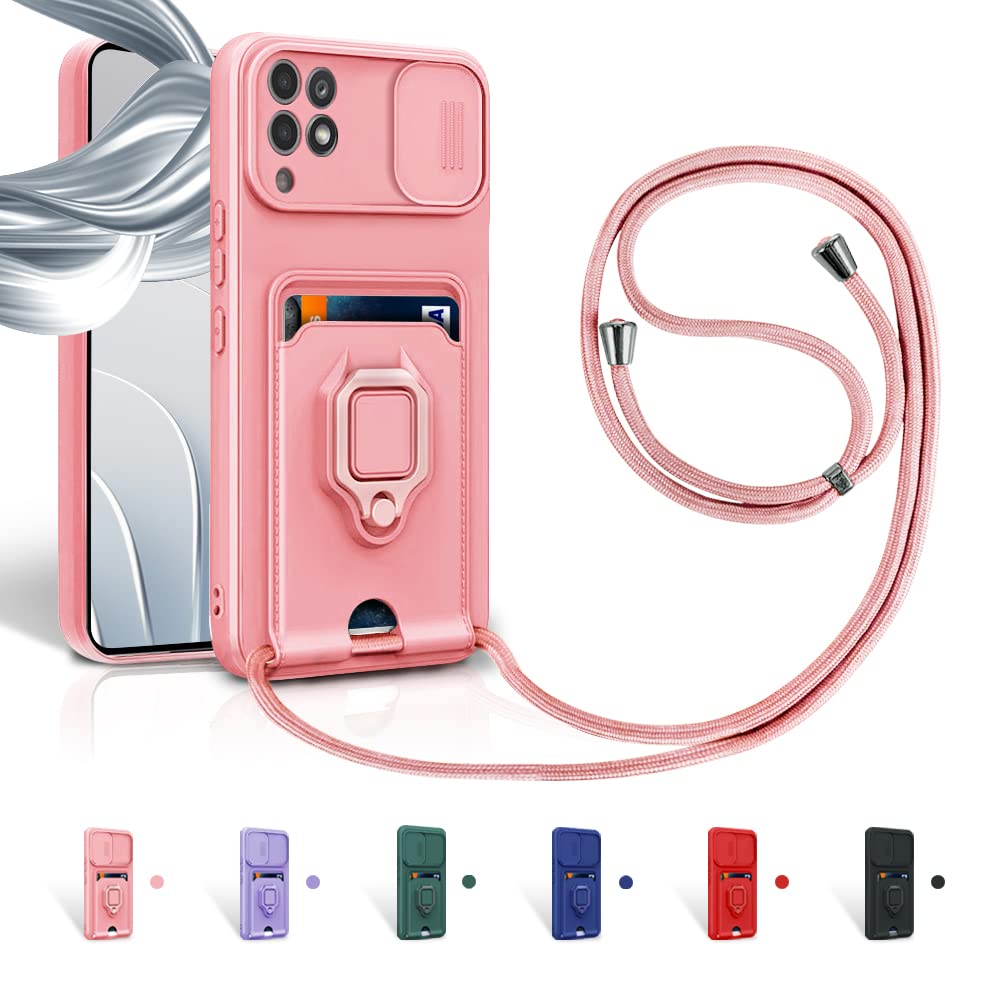 Funda con Cuerda para Samsung Galaxy A22 4G/M32 4G Case con Ranura para Tarjetas,360 Anillo función de Soporte Cubierta -Pink