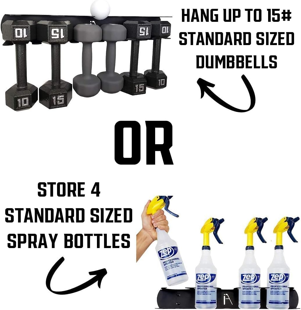 IRON AMERICAN - USA Universal Fitness Space Spray Bottle/Dumbbell Storage Rack Shelf - 23" Store Light Dumbbells, Shaker Bottles, Spray Bottles Wall Mount Shelf 23 inch 75lb CAPACITY